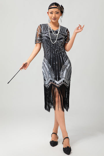 Preto Prata Lantejoulas V Pescoço Fringe 1920s Vestido com 5-Piece Acessórios set